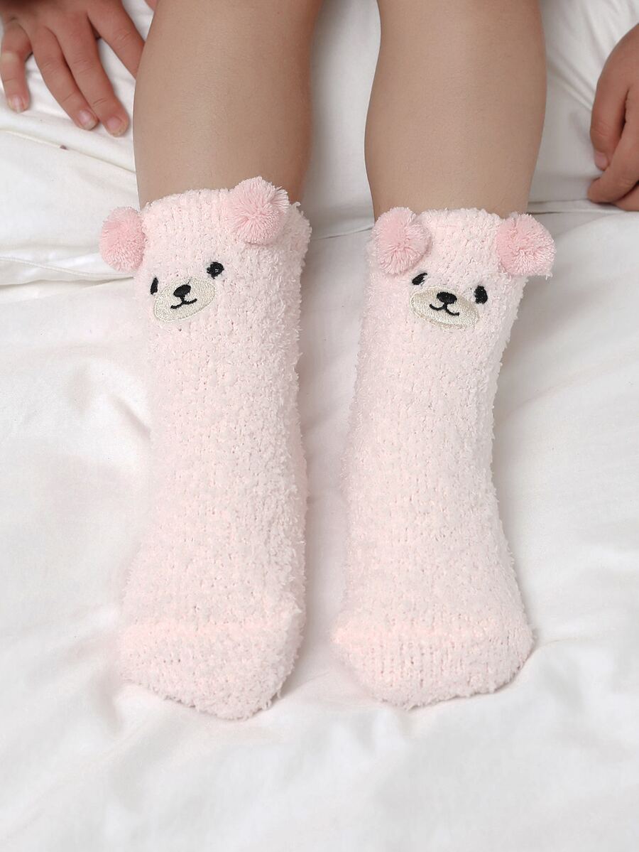 Girls Cartoon Bear Embroidered Pompom Decor Fuzzy Crew Socks - Pink - View 1