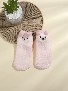 Girls Cartoon Bear Embroidered Pompom Decor Fuzzy Crew Socks - Pink - View 2