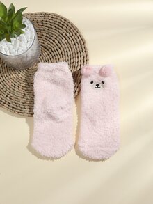 Girls Cartoon Bear Embroidered Pompom Decor Fuzzy Crew Socks - Pink - View 3