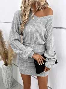 SHEIN Clasi V領褶邊落肩袖條紋針織連衣裙 - 淺灰色 - 查看 3