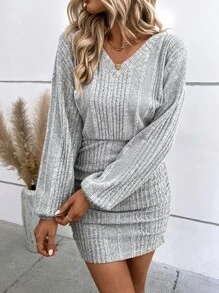 SHEIN Clasi V領褶邊落肩袖條紋針織連衣裙 - 淺灰色 - 查看 6