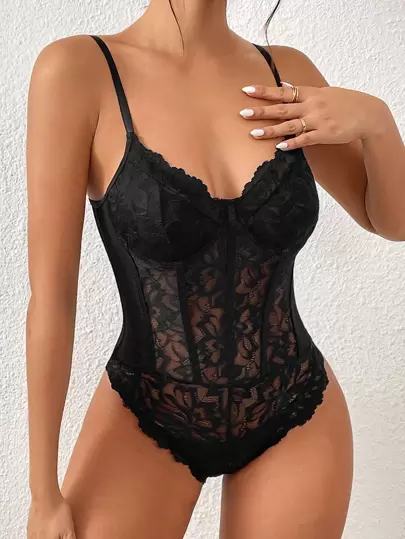 Allurite Camiseta de encaje con corpiño y body