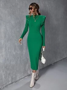 SHEIN Clasi Đầm Ngọc trai Xù màu trơn Thanh lịch - màu xanh lá - Xem 3