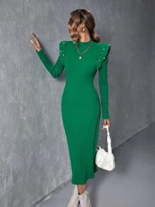 SHEIN Clasi Đầm Ngọc trai Xù màu trơn Thanh lịch - màu xanh lá - Xem 4