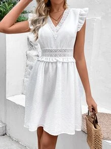 SHEIN VCAY Guipure Lace Insert Ruffle Trim Dress - White - View 4