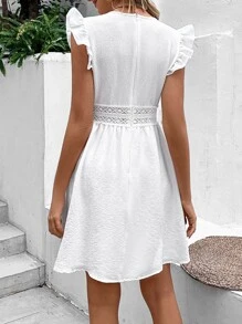 SHEIN VCAY Guipure Lace Insert Ruffle Trim Dress - White - View 5