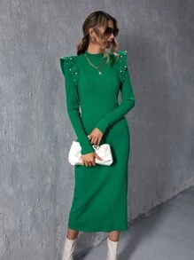 SHEIN Clasi Đầm Ngọc trai Xù màu trơn Thanh lịch - màu xanh lá - Xem 1