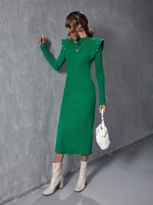 SHEIN Clasi Đầm Ngọc trai Xù màu trơn Thanh lịch - màu xanh lá - Xem 7