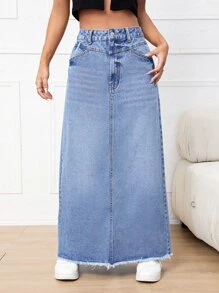 SHEIN EZwear High Waist Raw Hem Denim Skirt - Light Wash - View 1