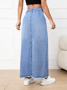 SHEIN EZwear High Waist Raw Hem Denim Skirt - Light Wash - View 2