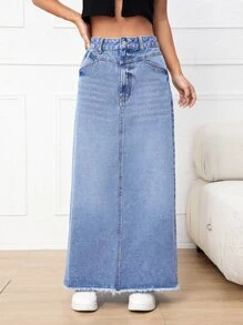 SHEIN EZwear High Waist Raw Hem Denim Skirt - Light Wash - View 3