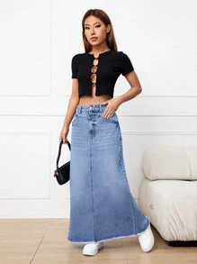 SHEIN EZwear High Waist Raw Hem Denim Skirt - Light Wash - View 4