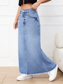 SHEIN EZwear High Waist Raw Hem Denim Skirt - Light Wash - View 5