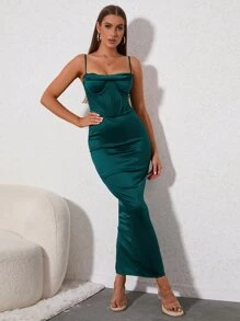 PARTHEA Đầm satin hai dây cổ xếp ly xẻ lưng, có gọng nâng ngực, kiểu dáng thanh lịch mùa hè dự tiệc. - Màu xanh lá cây đậm - Xem 4