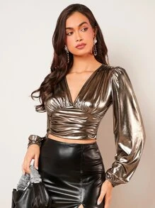 SHEIN BAE Deep V Neck Ruched Metallic Blouse,Long Sleeve Tops - Bronze - View 1