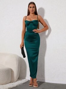 PARTHEA Đầm satin hai dây cổ xếp ly xẻ lưng, có gọng nâng ngực, kiểu dáng thanh lịch mùa hè dự tiệc. - Màu xanh lá cây đậm - Xem 8