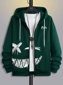 Manfinity EMRG Men 1pc Cartoon Graphic Zip Up Drawstring Hoodie - Dark Green - View 1
