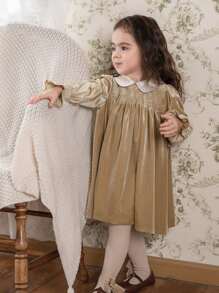 小女童彼得潘領荷葉袖絲絨洋裝 - 棕色 - 查看 1