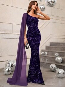 Faeriesty Women's Elegant Sparkling Sequin One-Shoulder Mermaid Evening Dress - Ideal For Luxury Weddings, Galas, Awards Ceremonies, Black Tie Events And Red Carpet Occasions - Purple - View 1