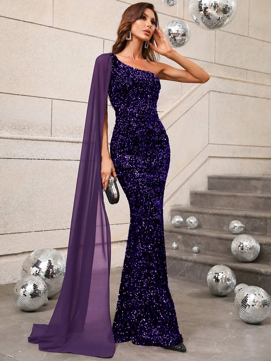 Faeriesty Women's Elegant Sparkling Sequin One-Shoulder Mermaid Evening Dress - Ideal For Luxury Weddings, Galas, Awards Ceremonies, Black Tie Events And Red Carpet Occasions - Purple - View 1
