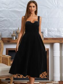 简约复古吊带露背天鹅绒长款修身A字裙女 - 黑色 - 查看 3