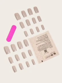 Upgrade Your Look With 24pcs Long Square Khaki Plain Glossy Fake Nail & 1pc Nail File & 1sheet Tape Nails - Khaki - View 2
