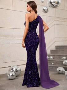 Faeriesty Women's Elegant Sparkling Sequin One-Shoulder Mermaid Evening Dress - Ideal For Luxury Weddings, Galas, Awards Ceremonies, Black Tie Events And Red Carpet Occasions - Purple - View 2