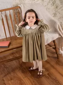 小女童彼得潘領荷葉袖絲絨洋裝 - 棕色 - 查看 3