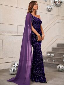 Faeriesty Women's Elegant Sparkling Sequin One-Shoulder Mermaid Evening Dress - Ideal For Luxury Weddings, Galas, Awards Ceremonies, Black Tie Events And Red Carpet Occasions - Purple - View 3