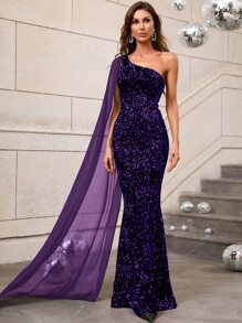 Faeriesty Women's Elegant Sparkling Sequin One-Shoulder Mermaid Evening Dress - Ideal For Luxury Weddings, Galas, Awards Ceremonies, Black Tie Events And Red Carpet Occasions - Purple - View 4