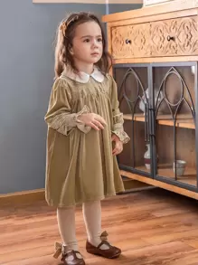 小女童彼得潘領荷葉袖絲絨洋裝 - 棕色 - 查看 4