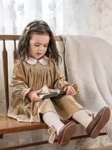 小女童彼得潘領荷葉袖絲絨洋裝 - 棕色 - 查看 6