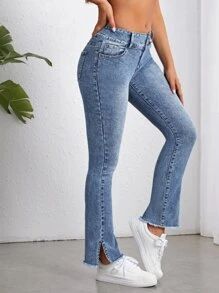 Split Hem Flare Leg Jeans - Medium Wash - View 2
