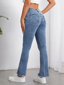 Split Hem Flare Leg Jeans - Medium Wash - View 3