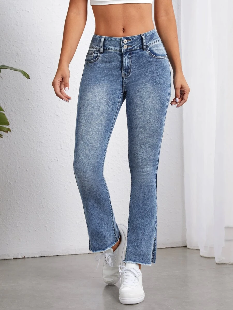 Split Hem Flare Leg Jeans - Medium Wash - View 1