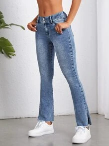 Split Hem Flare Leg Jeans - Medium Wash - View 5