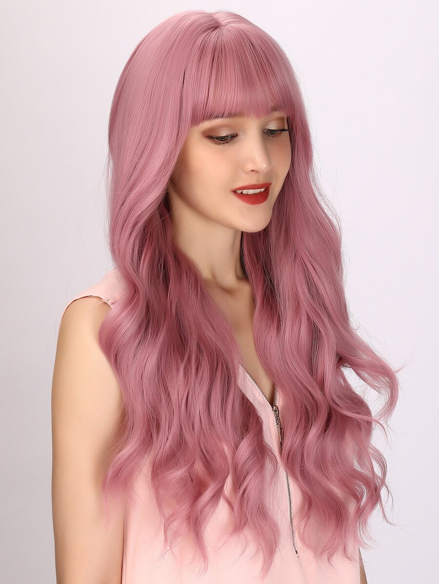 Long Body Wave Synthetic Wig With Bangs - Pink - View 1