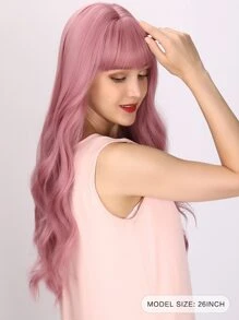 Long Body Wave Synthetic Wig With Bangs - Pink - View 3