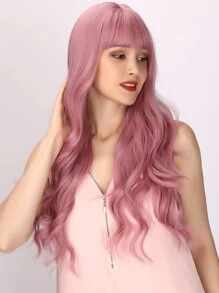 Long Body Wave Synthetic Wig With Bangs - Pink - View 4
