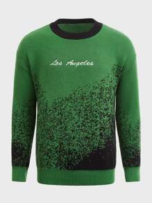 ROMWE MEN Guys Letter Embroidery Drop Shoulder Sweater - Green - View 1