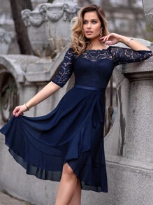 MIUSOL 花卉蕾丝船领无袖雪纺荷叶边摆裙，适合派对穿着 - 藏蓝色 - 查看 2