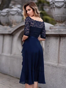 MIUSOL 花卉蕾丝船领无袖雪纺荷叶边摆裙，适合派对穿着 - 藏蓝色 - 查看 3