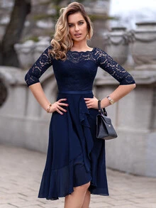 MIUSOL 花卉蕾丝船领无袖雪纺荷叶边摆裙，适合派对穿着 - 藏蓝色 - 查看 4