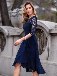 MIUSOL 花卉蕾丝船领无袖雪纺荷叶边摆裙，适合派对穿着 - 藏蓝色 - 查看 7