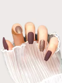 24pcs Elegant Matte Aristocratic Style Long Coffin Shape Matte Glitter Nail Stickers With 1 Piece Jelly Gel Glue And 1 Nail File, Suitable For Outings, Leisure, Entertainment, Parties, Dances And Daily Wear - Coffee Brown - View 1