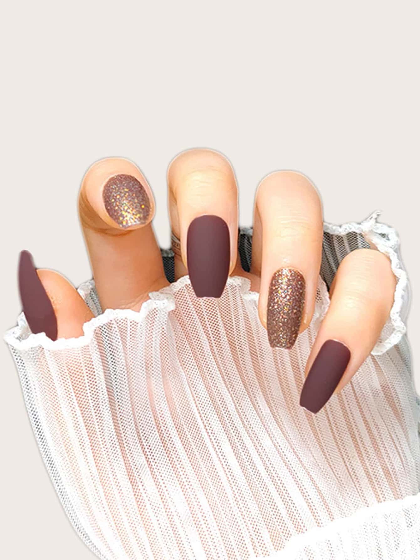 24pcs Elegant Matte Aristocratic Style Long Coffin Shape Matte Glitter Nail Stickers With 1 Piece Jelly Gel Glue And 1 Nail File, Suitable For Outings, Leisure, Entertainment, Parties, Dances And Daily Wear - Coffee Brown - View 1