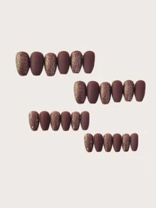 24pcs Elegant Matte Aristocratic Style Long Coffin Shape Matte Glitter Nail Stickers With 1 Piece Jelly Gel Glue And 1 Nail File, Suitable For Outings, Leisure, Entertainment, Parties, Dances And Daily Wear - Coffee Brown - View 2