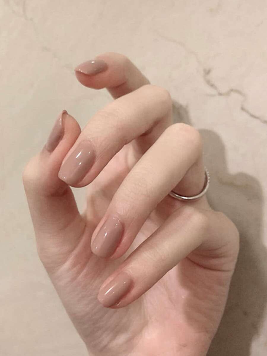 Nail Nina Elevate Your Style With 24pcs Long Square Khaki Solid Color Glossy Fake Nail & 1pc Nail File & 1sheet Tape Press On Nails Supplies - Beige - View 1