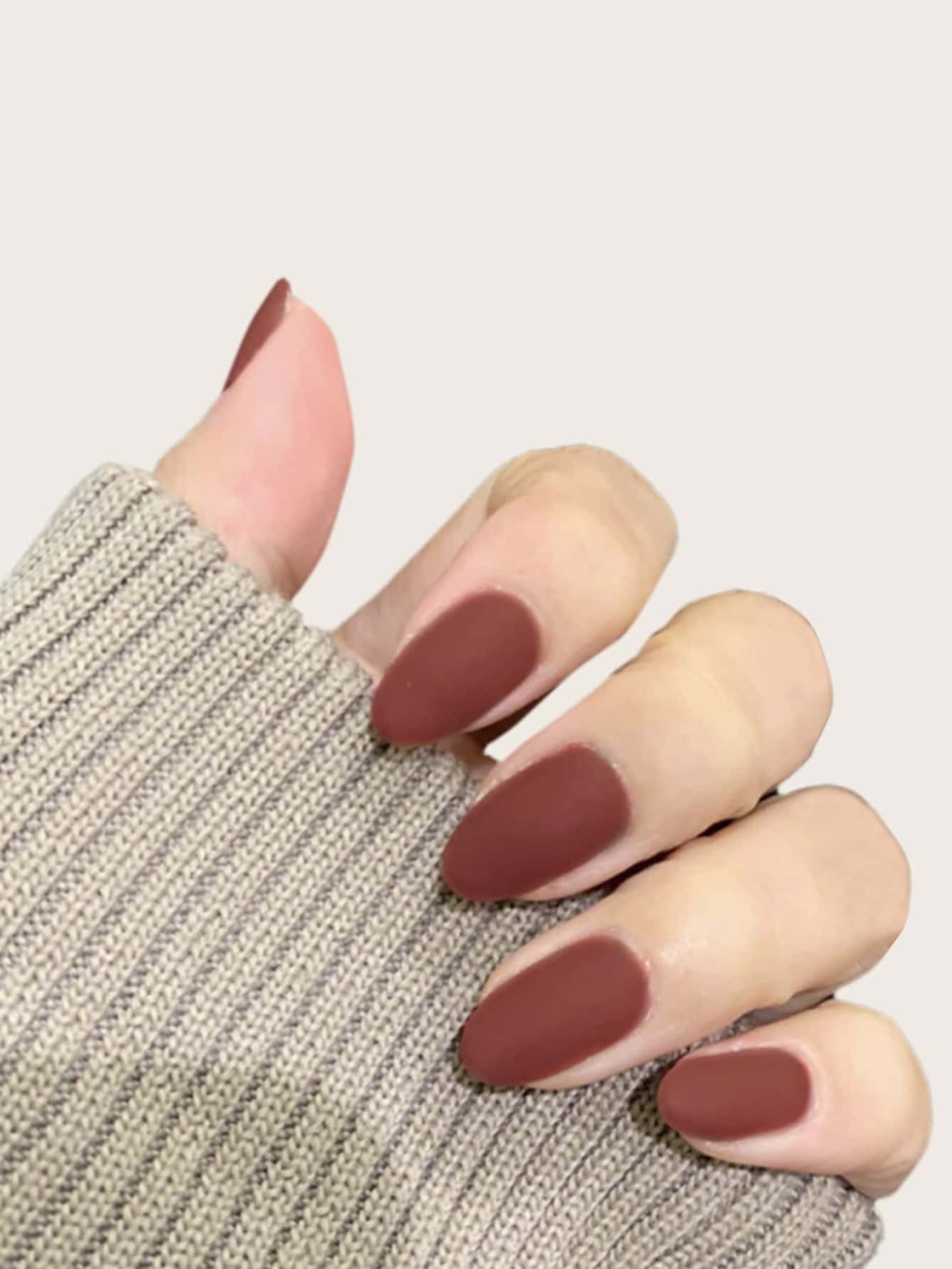 24入組長橢圓形焦糖深橙啞光平面假指甲及1支指甲檔及1張膠帶壓縮指甲美容用品 - 酒紅色 - 查看 1