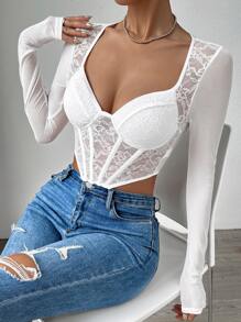 SHEIN Allurite Sweetheart Neck Asymmetrical Hem Bustier Lace Mesh Top - White - View 1